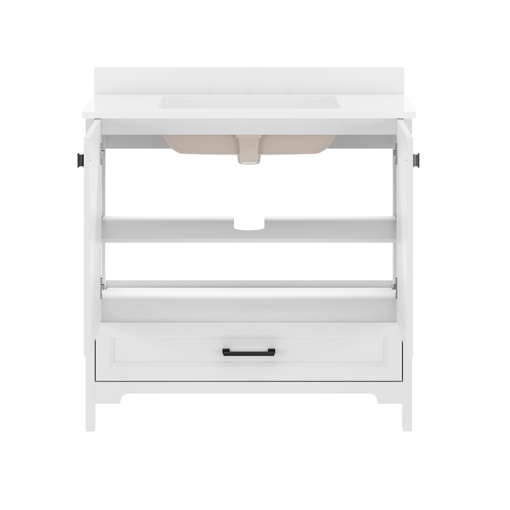 Haven 36" Bathroom Vanity with Sink, Storage Cabinet with Black Hardware, White. Picture 9