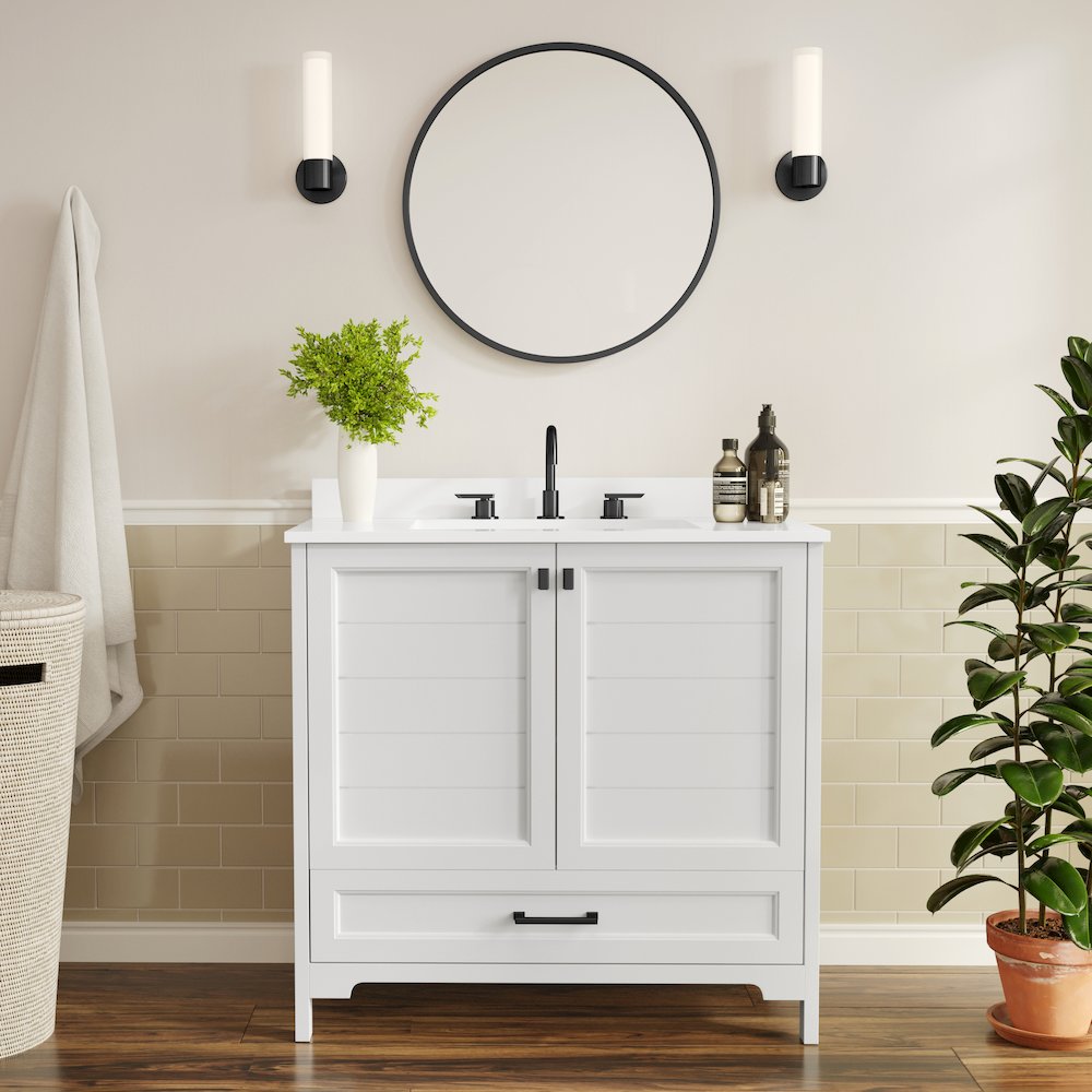 Haven 36" Bathroom Vanity with Sink, Storage Cabinet with Black Hardware, White. Picture 3