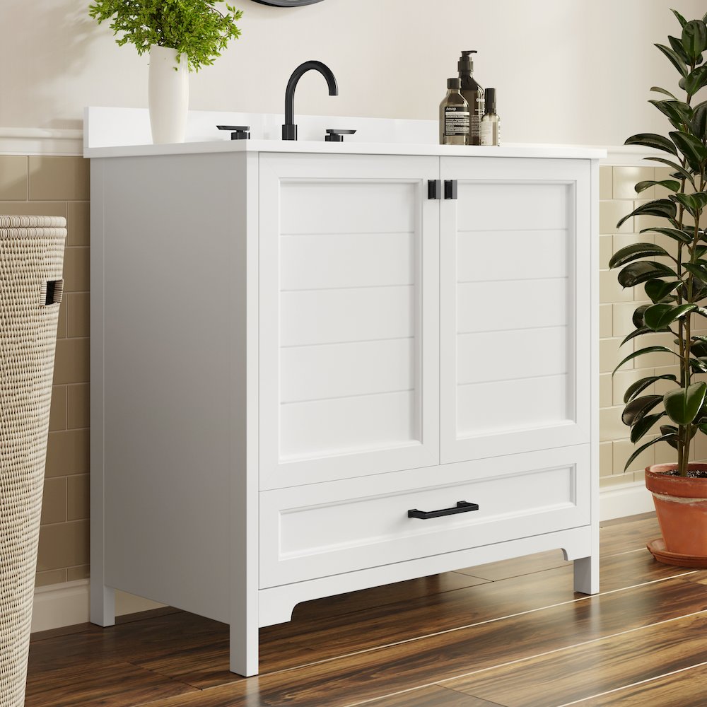 Haven 36" Bathroom Vanity with Sink, Storage Cabinet with Black Hardware, White. Picture 6