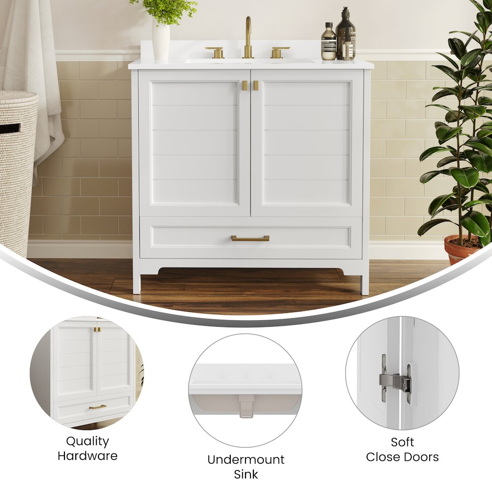 Haven 36" Bathroom Vanity with Sink, Storage Cabinet with Gold Hardware, White. Picture 4