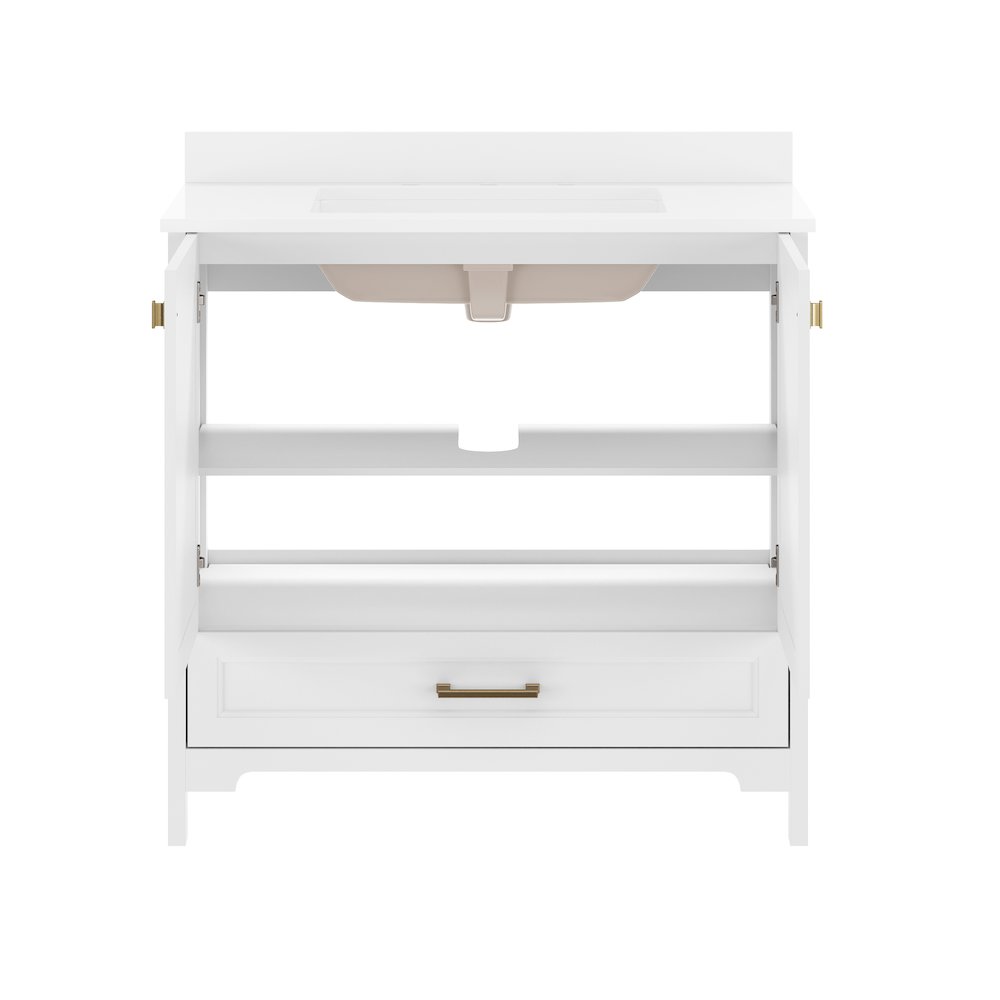 Haven 36" Bathroom Vanity with Sink, Storage Cabinet with Gold Hardware, White. Picture 9