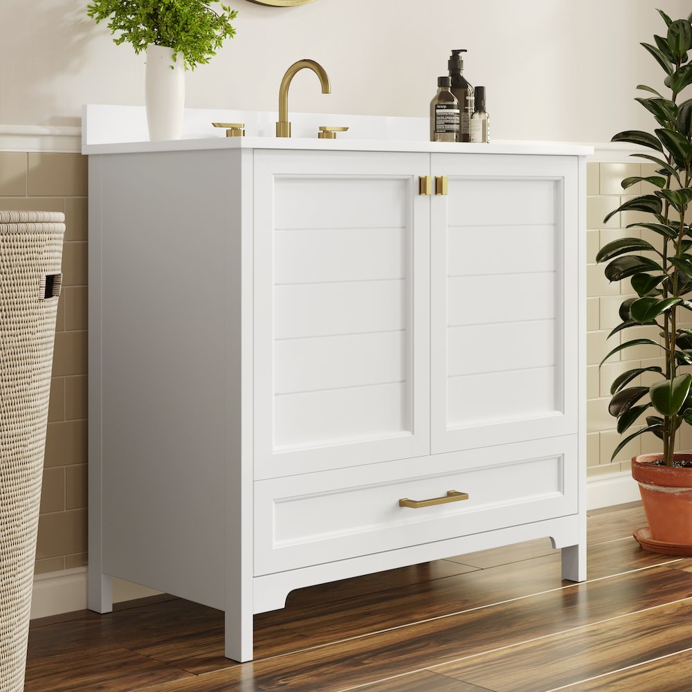 Haven 36" Bathroom Vanity with Sink, Storage Cabinet with Gold Hardware, White. Picture 6