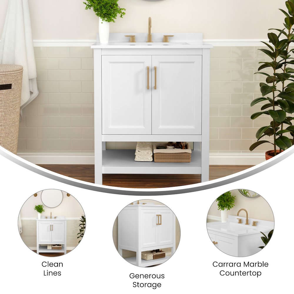 30 Inch Contemporary Bathroom Vanity with Sink Combo, White Frame/Gold Hardware. Picture 4