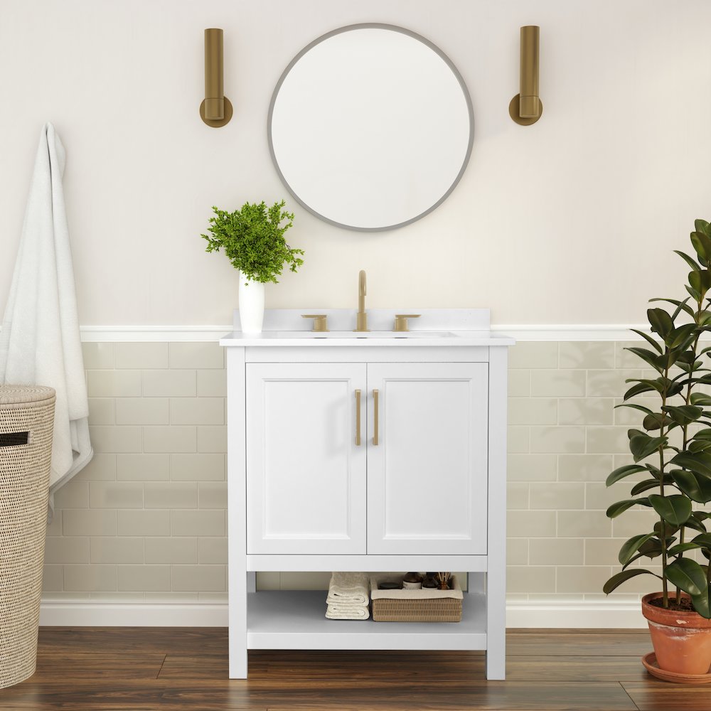 30 Inch Contemporary Bathroom Vanity with Sink Combo, White Frame/Gold Hardware. Picture 3