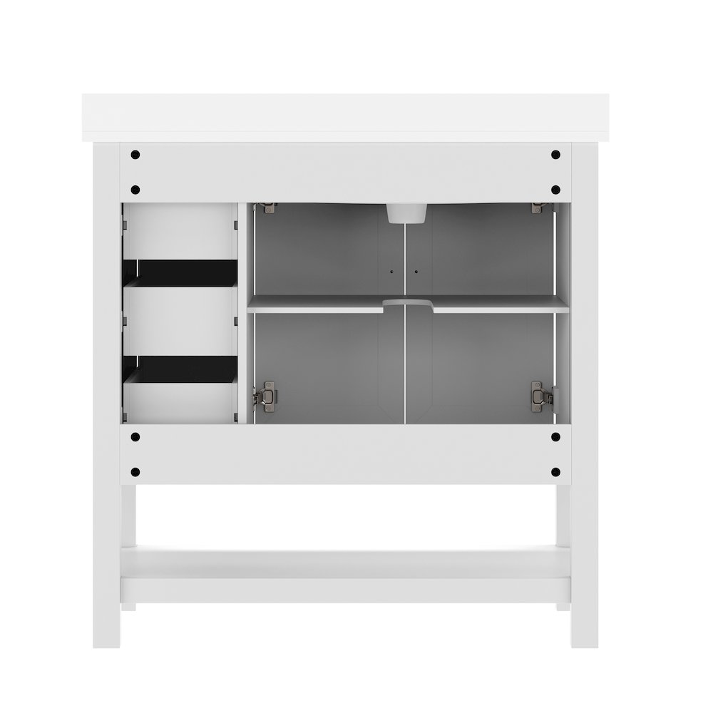 Vega 36" Bathroom Vanity with Sink, Cabinet with Black Hardware, White/White. Picture 8