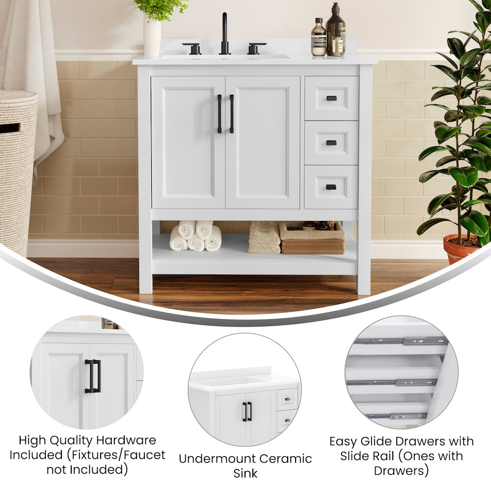 Vega 36" Bathroom Vanity with Sink, Cabinet with Black Hardware, White/White. Picture 4