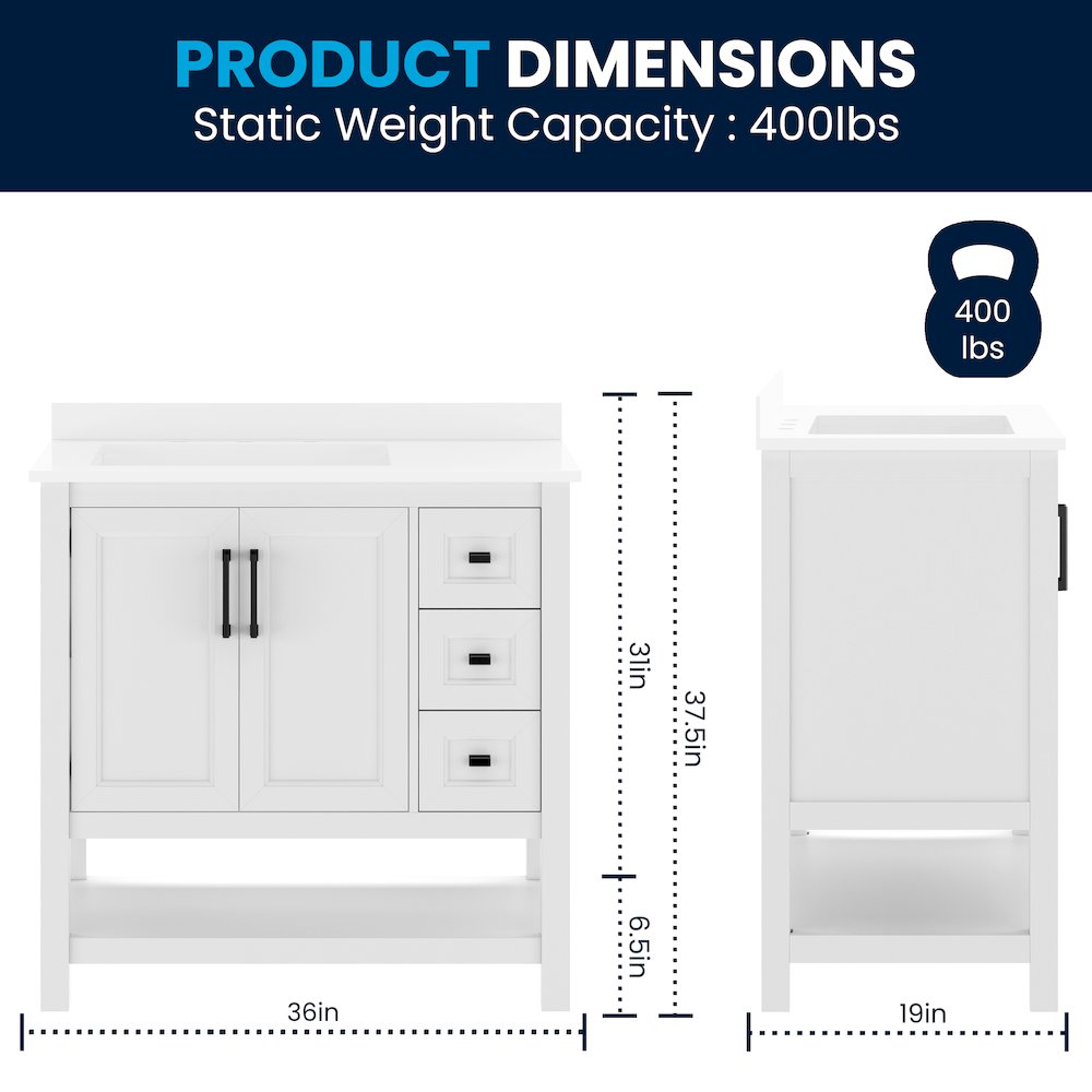 Vega 36" Bathroom Vanity with Sink, Cabinet with Black Hardware, White/White. Picture 5