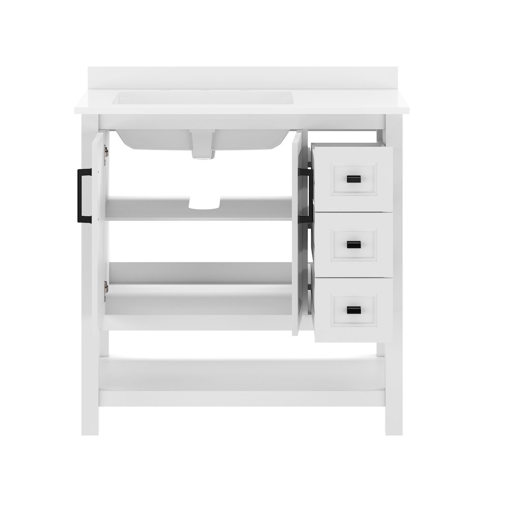 Vega 36" Bathroom Vanity with Sink, Cabinet with Black Hardware, White/White. Picture 12