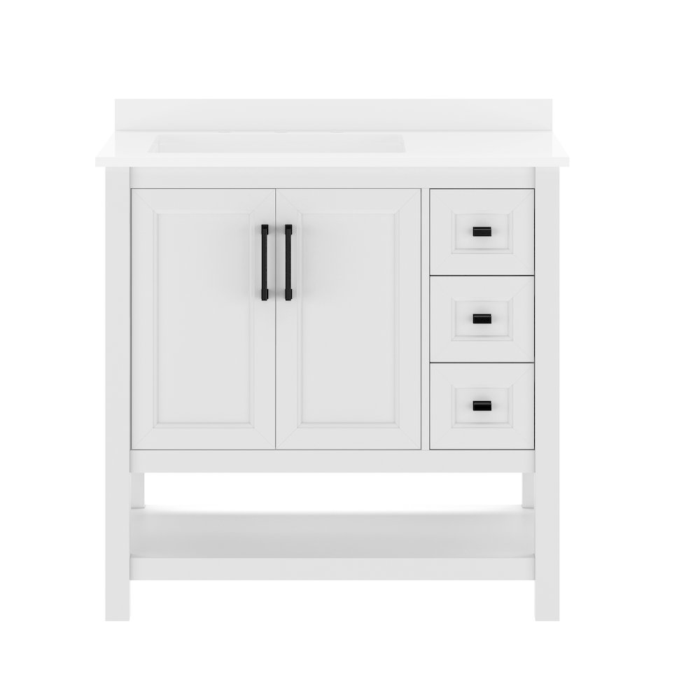 Vega 36" Bathroom Vanity with Sink, Cabinet with Black Hardware, White/White. Picture 11