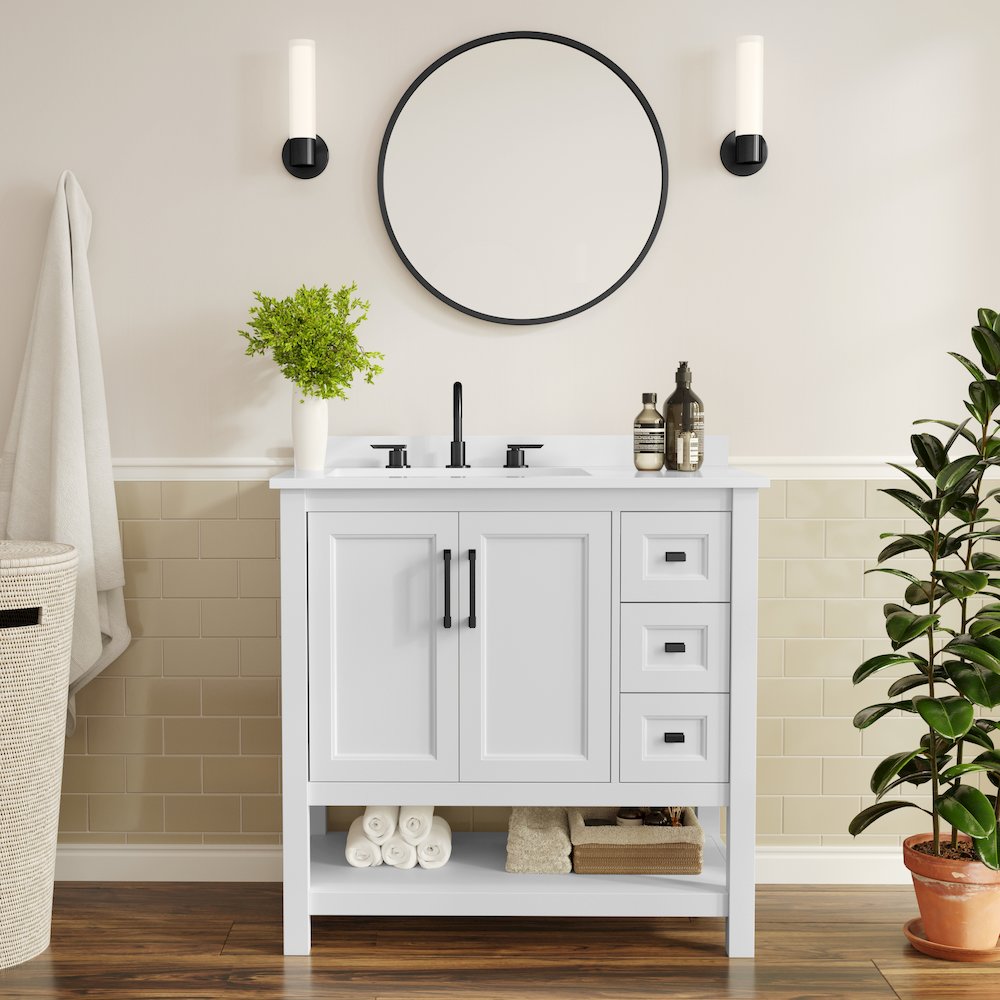 Vega 36" Bathroom Vanity with Sink, Cabinet with Black Hardware, White/White. Picture 3