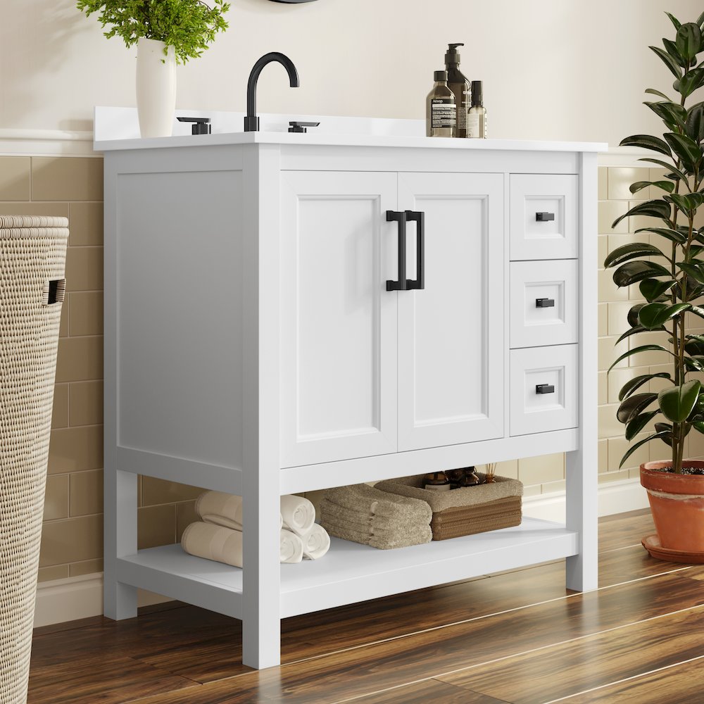 Vega 36" Bathroom Vanity with Sink, Cabinet with Black Hardware, White/White. Picture 6