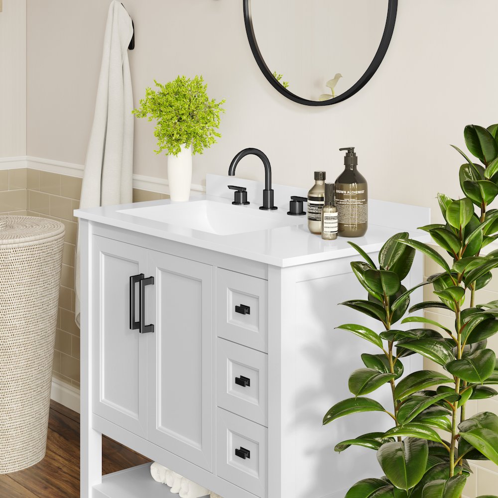 Vega 36" Bathroom Vanity with Sink, Cabinet with Black Hardware, White/White. Picture 7
