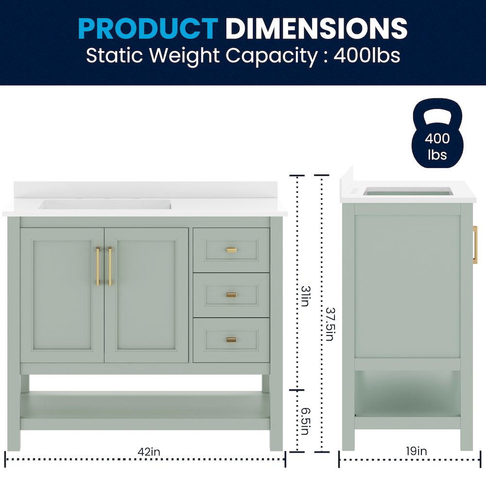 42in Bathroom Vanity with Storage Drawers and Sink Combo, Sage Frame. Picture 5