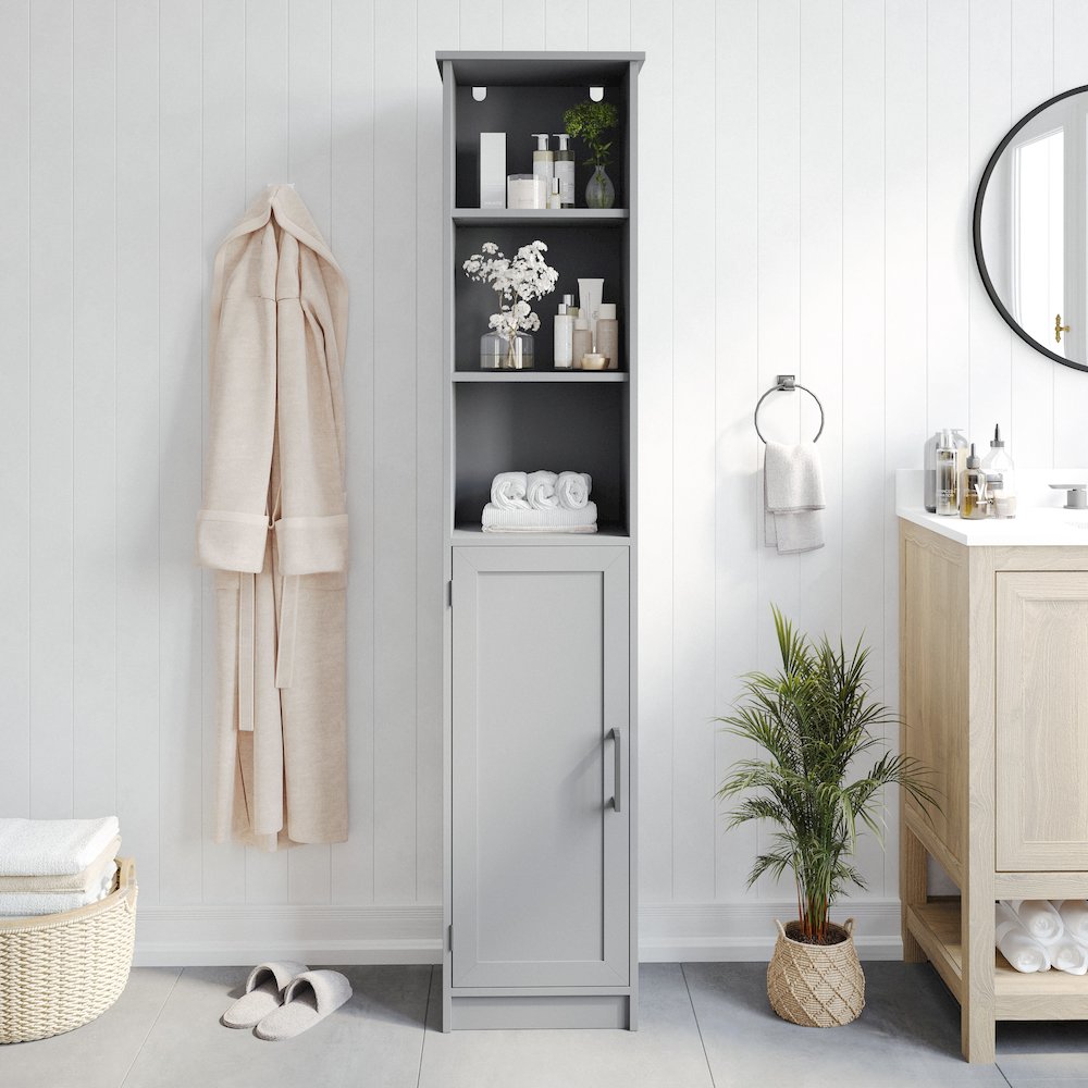 Modern Tall Linen Tower Storage Cabinet, Gray. Picture 3