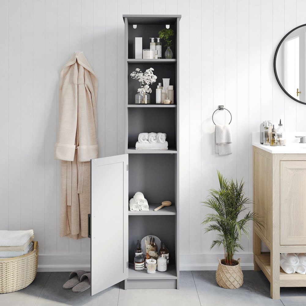 Modern Tall Linen Tower Storage Cabinet, Gray. Picture 6