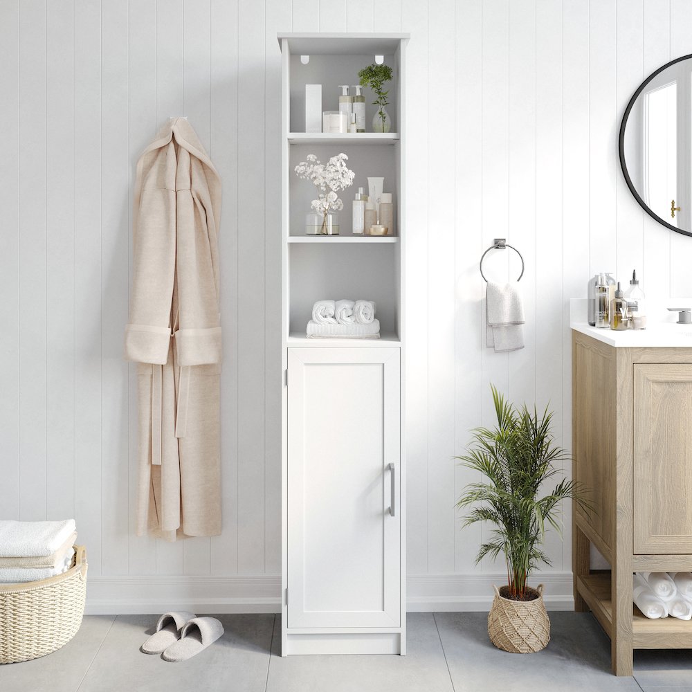 Modern Tall Linen Tower Storage Cabinet, White. Picture 3