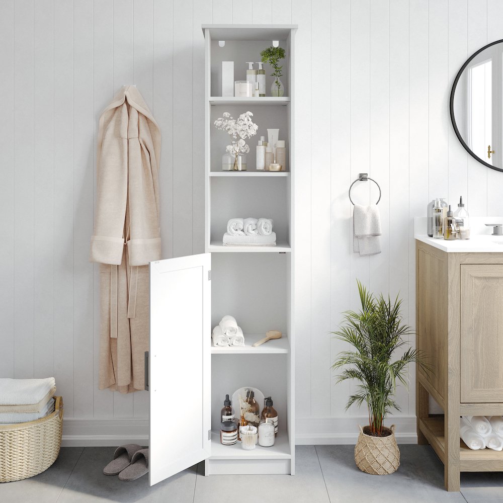 Modern Tall Linen Tower Storage Cabinet, White. Picture 6
