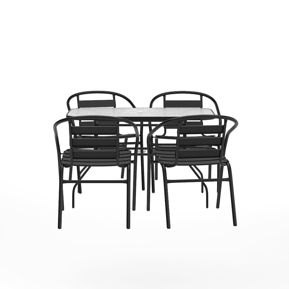 Commercial Grade Outdoor Patio Dining Set With Table and Four Chairs, Black. Picture 1