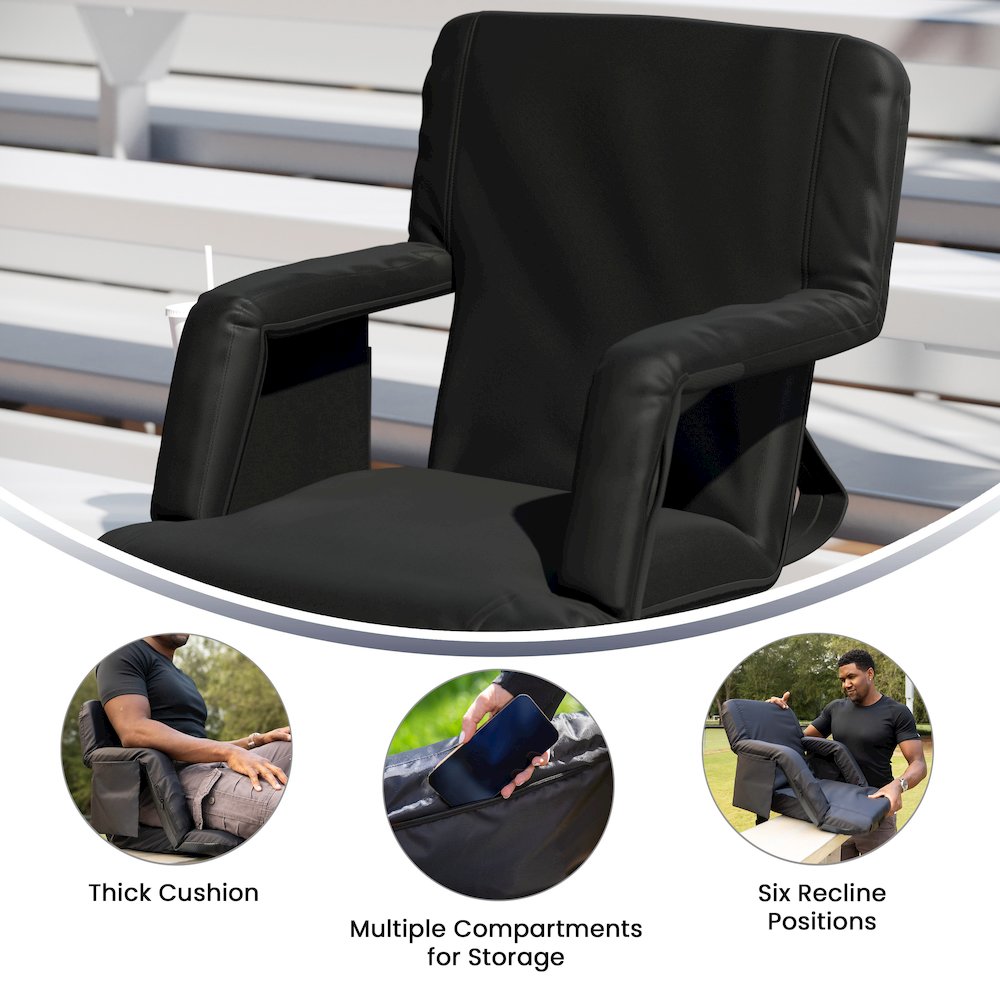 Black Portable Lightweight Stadium Chair with Armrests, Padded Back. Picture 6