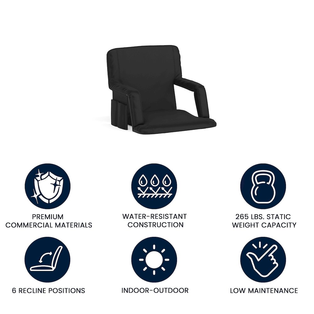Black Portable Lightweight Stadium Chair with Armrests, Padded Back. Picture 5