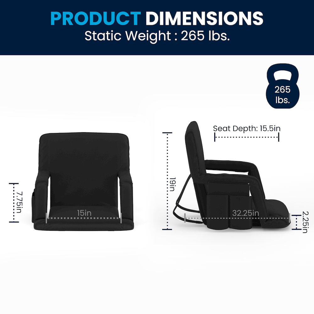 Black Portable Lightweight Stadium Chair with Armrests, Padded Back. Picture 8