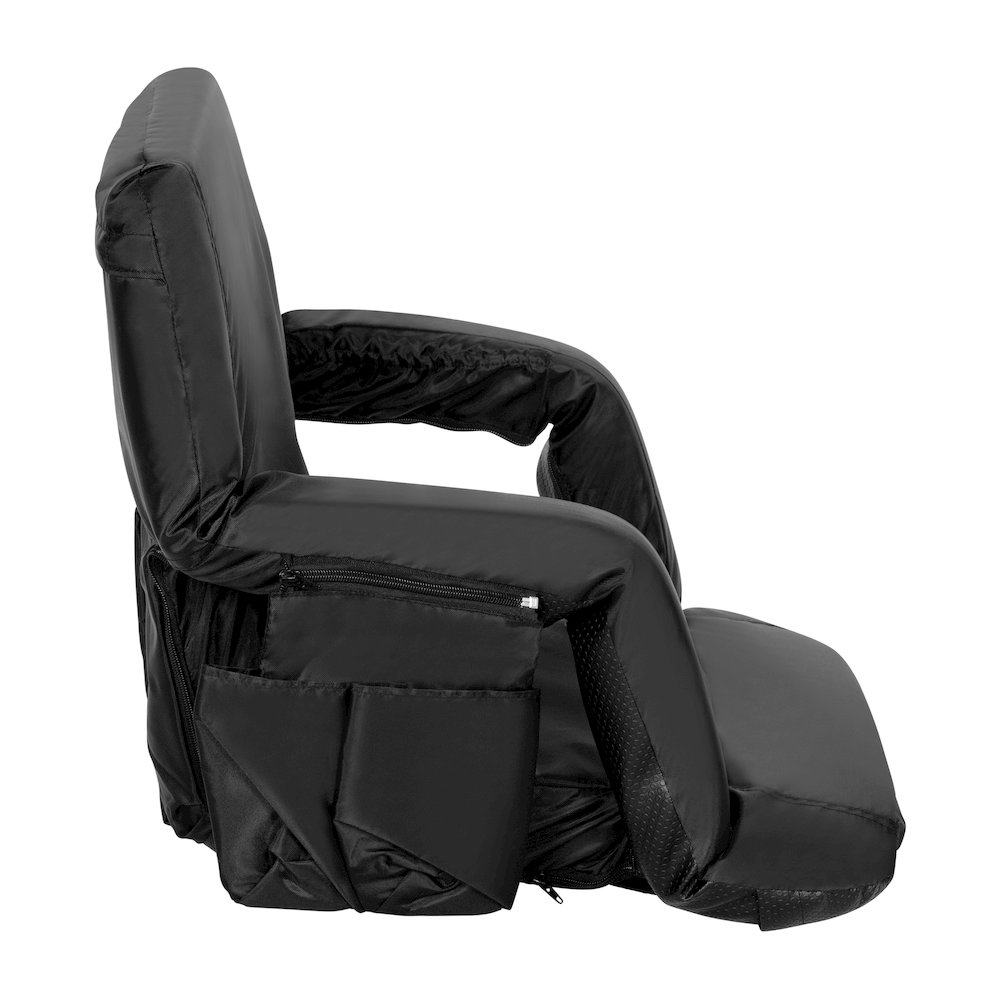 Black Portable Lightweight Stadium Chair with Armrests, Padded Back. Picture 13