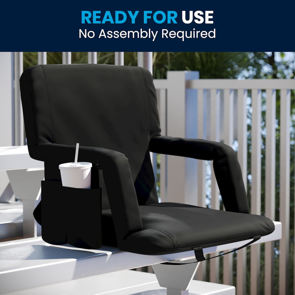 Black Portable Lightweight Stadium Chair with Armrests, Padded Back. Picture 3