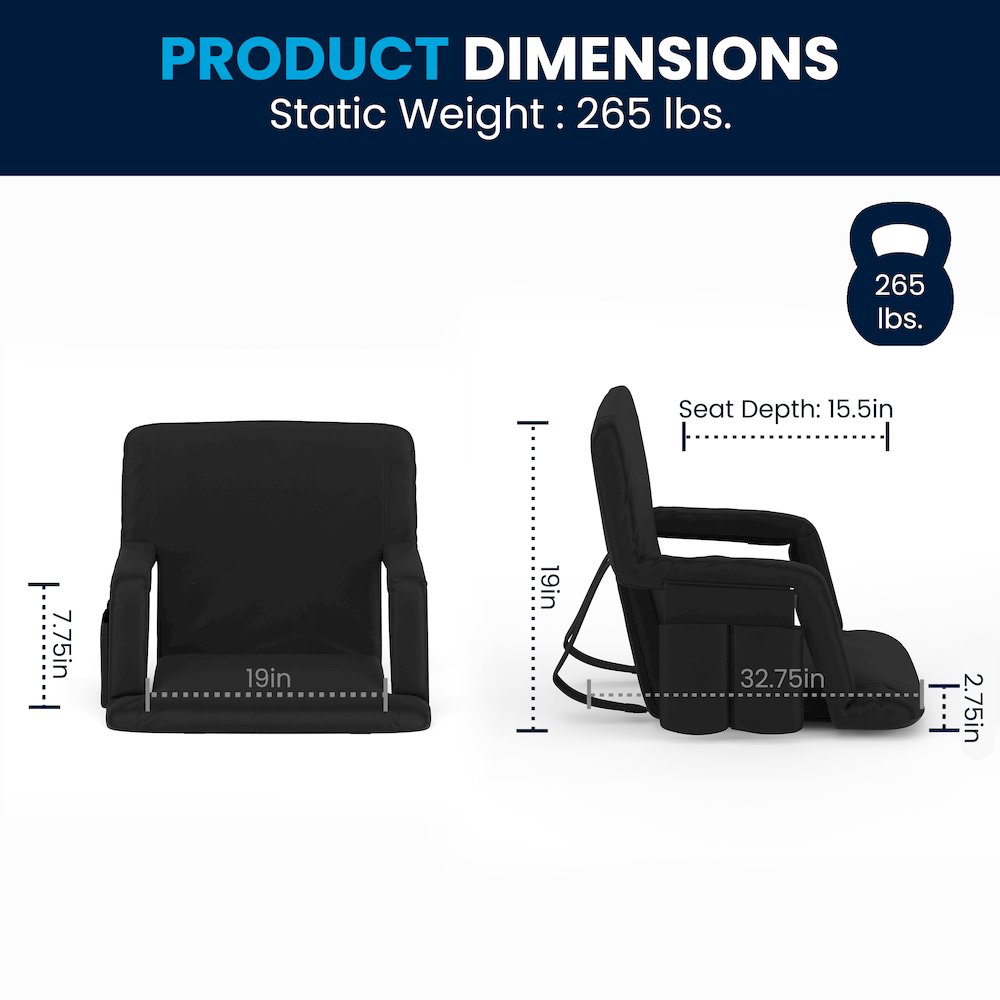 Extra Wide Black Lightweight Stadium Chair with Armrests, Padded Back. Picture 8