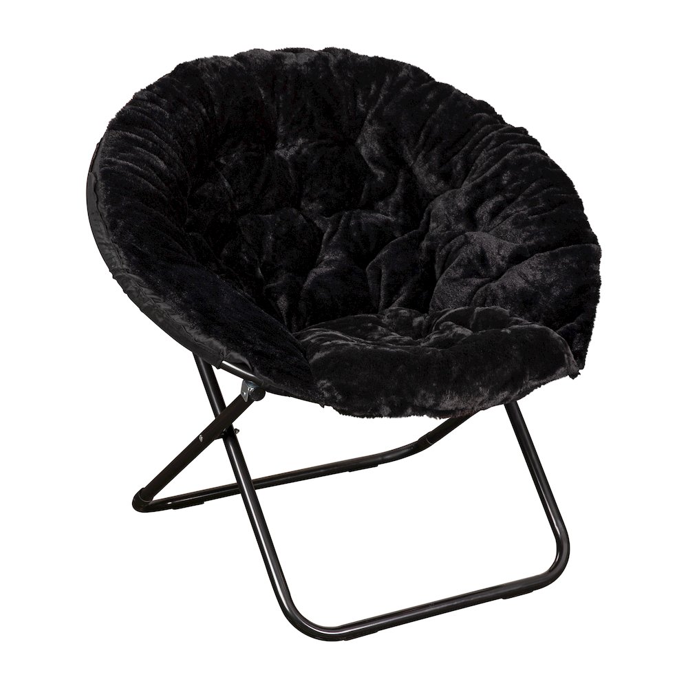 38" Portable Faux Fur Folding Saucer Moon Chair, Black Faux Fur/Black Frame. Picture 1