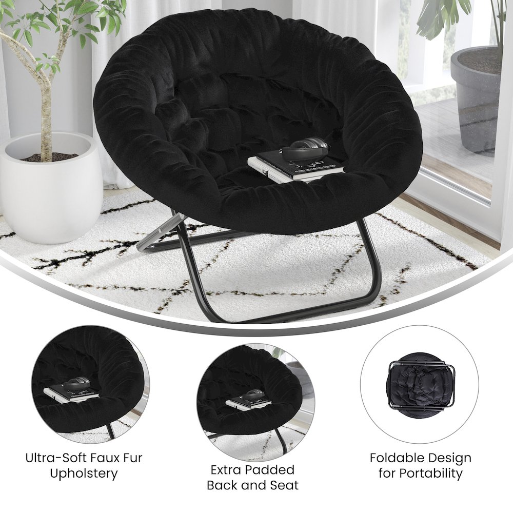 38" Portable Faux Fur Folding Saucer Moon Chair, Black Faux Fur/Black Frame. Picture 4