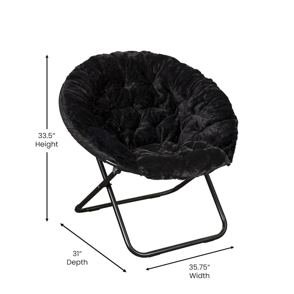 38" Portable Faux Fur Folding Saucer Moon Chair, Black Faux Fur/Black Frame. Picture 5