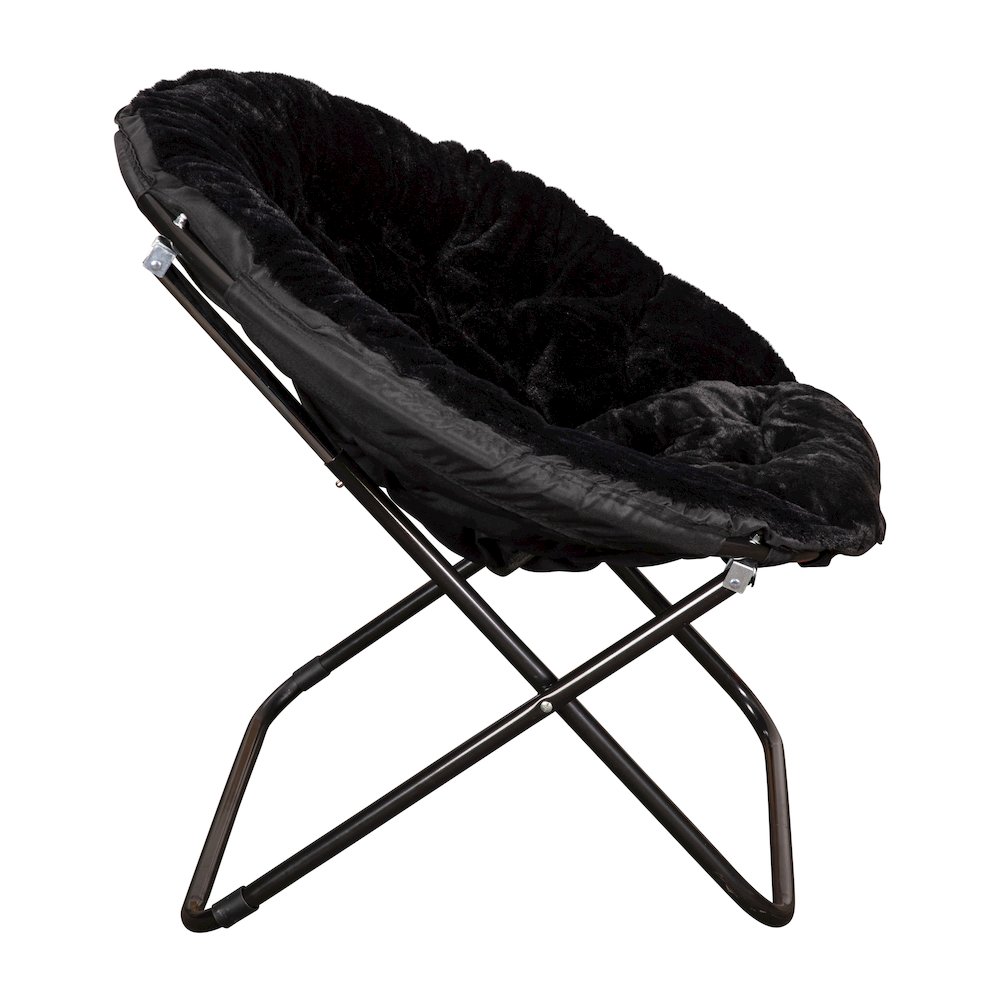 38" Portable Faux Fur Folding Saucer Moon Chair, Black Faux Fur/Black Frame. Picture 10