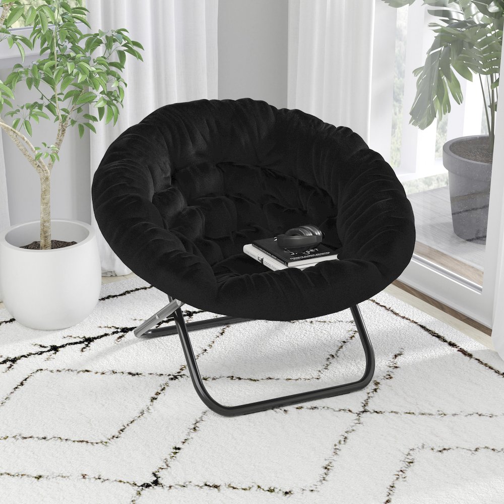 38" Portable Faux Fur Folding Saucer Moon Chair, Black Faux Fur/Black Frame. Picture 2