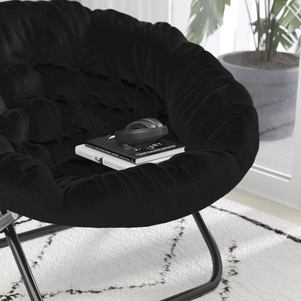 38" Portable Faux Fur Folding Saucer Moon Chair, Black Faux Fur/Black Frame. Picture 6