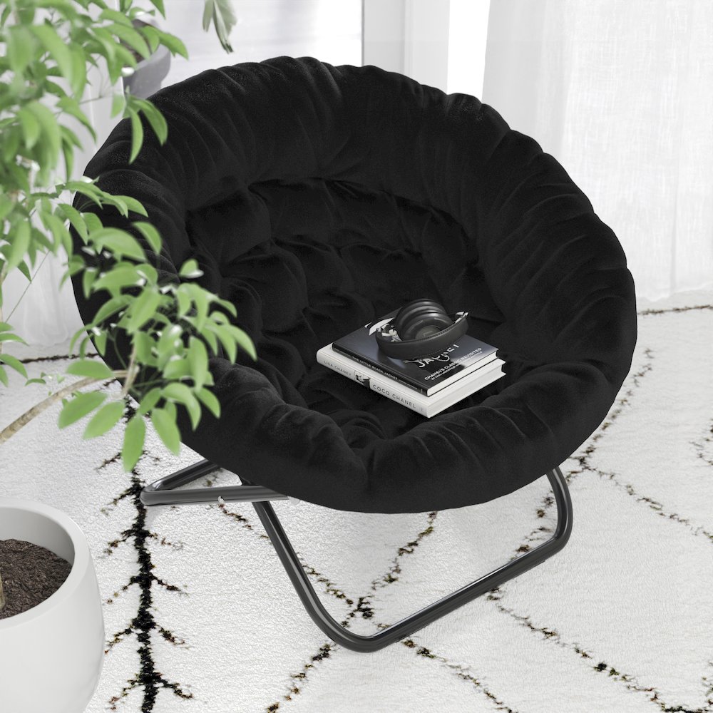 38" Portable Faux Fur Folding Saucer Moon Chair, Black Faux Fur/Black Frame. Picture 7