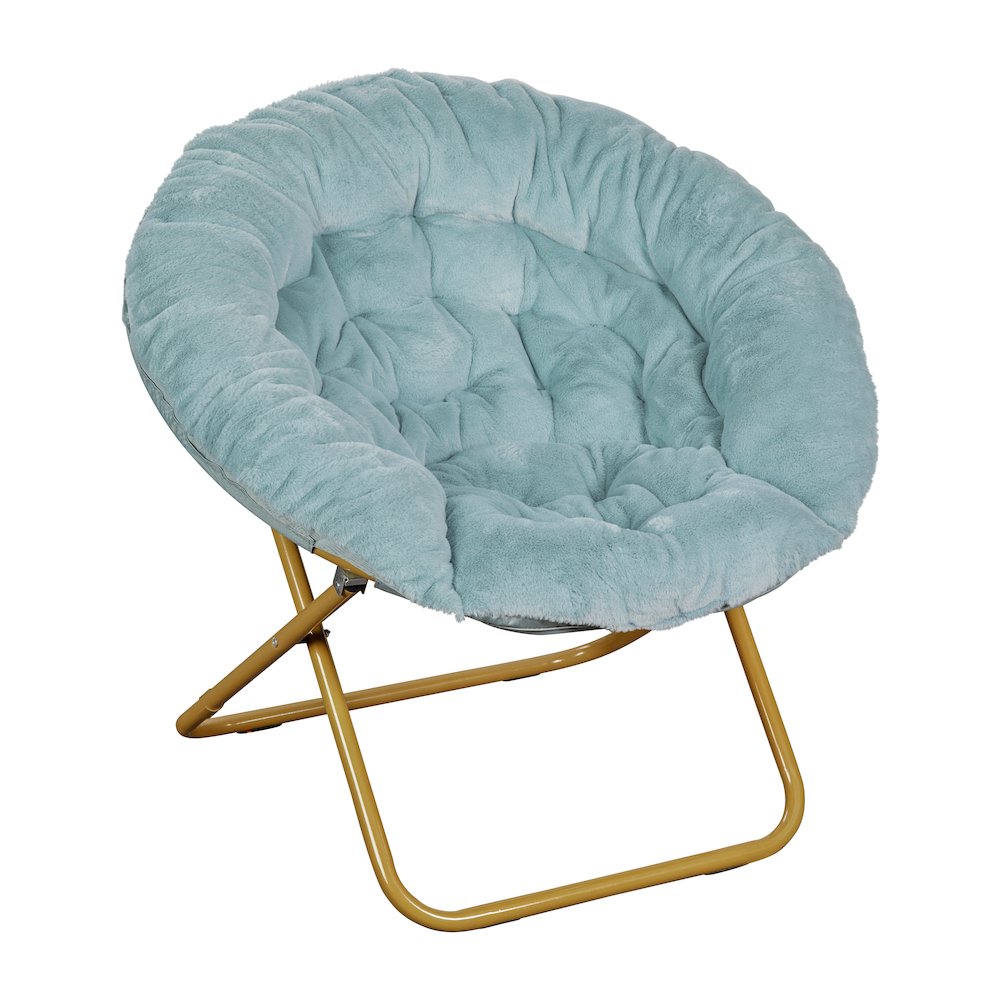 38" Portable Folding Saucer Moon Chair, Dusty Aqua Faux Fur/Soft Gold Frame. Picture 1