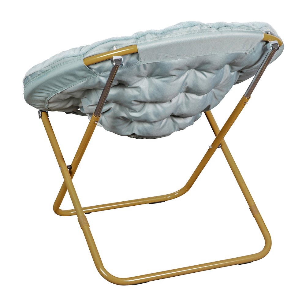 38" Portable Folding Saucer Moon Chair, Dusty Aqua Faux Fur/Soft Gold Frame. Picture 8