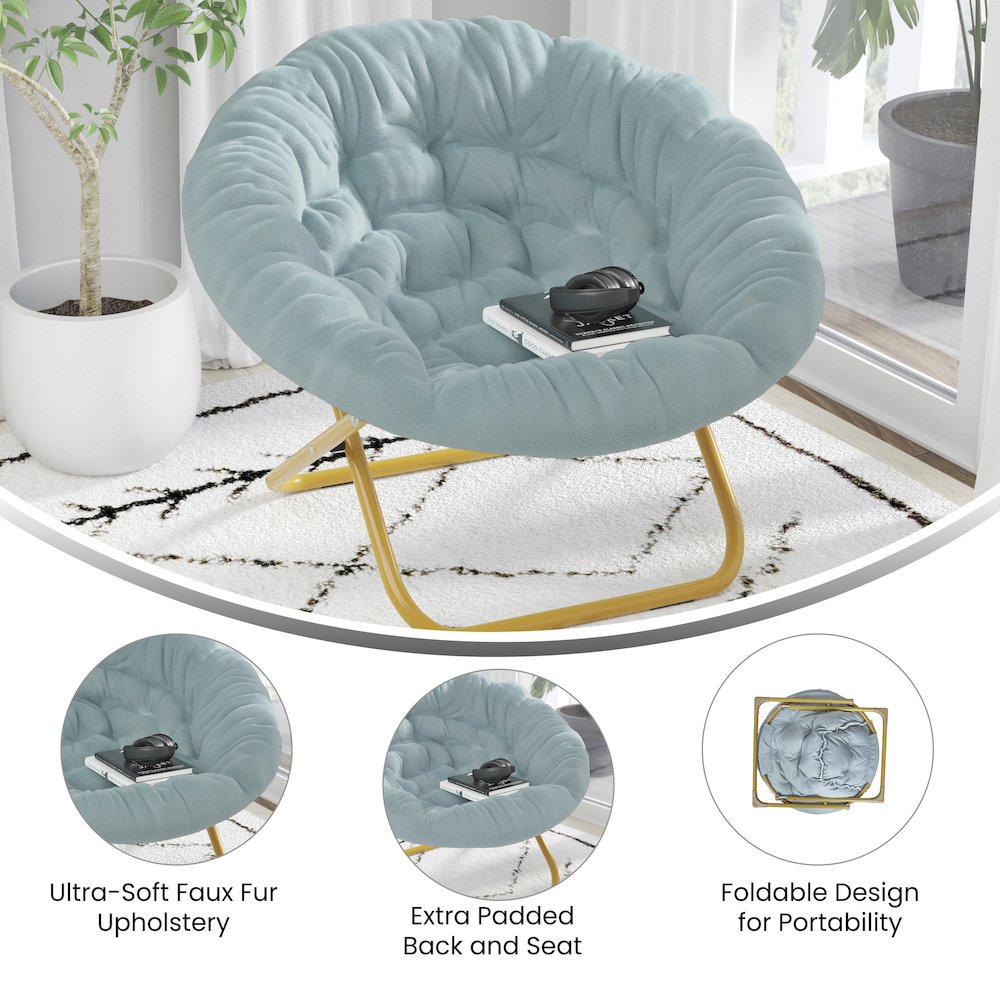 38" Portable Folding Saucer Moon Chair, Dusty Aqua Faux Fur/Soft Gold Frame. Picture 4
