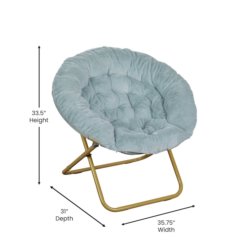 38" Portable Folding Saucer Moon Chair, Dusty Aqua Faux Fur/Soft Gold Frame. Picture 5