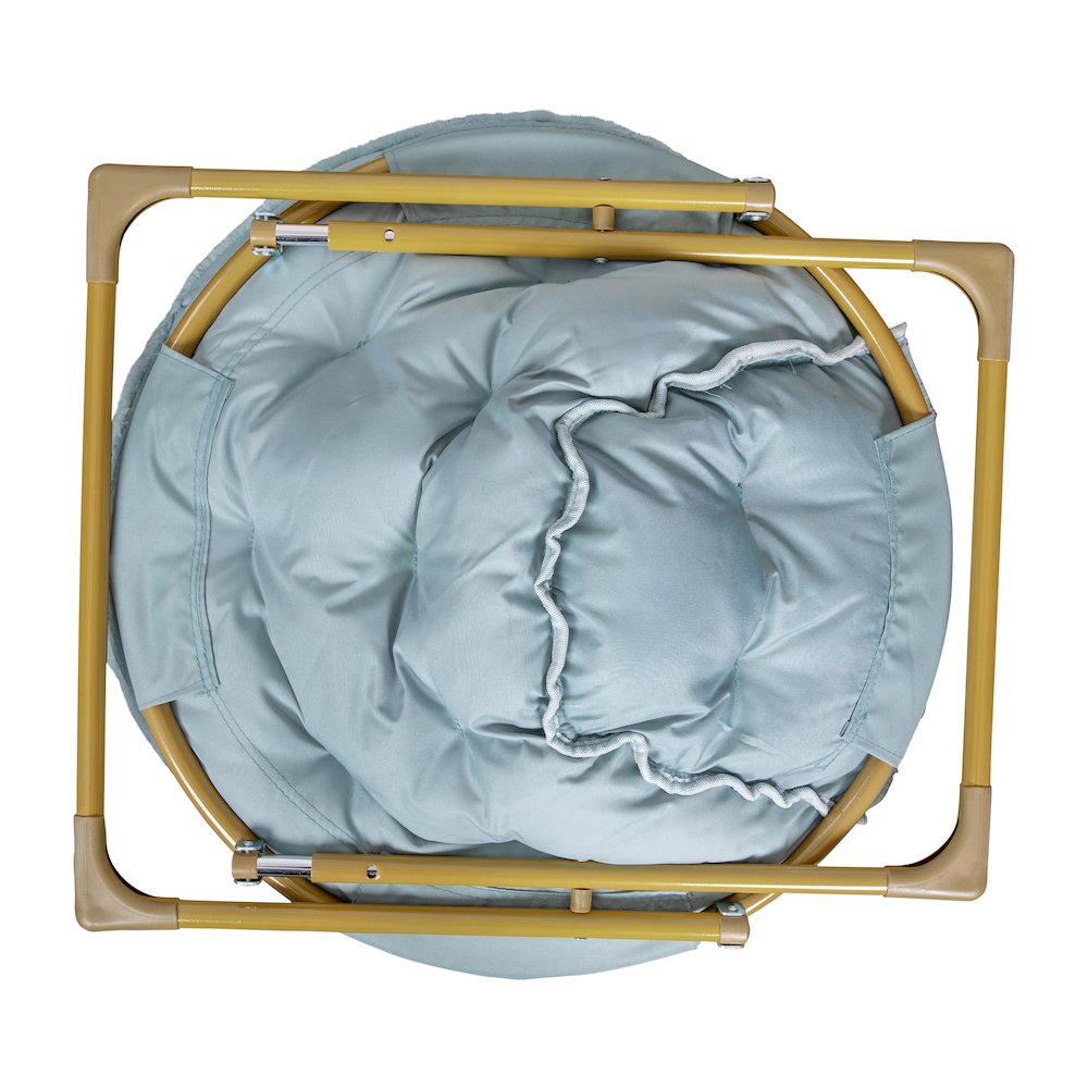 38" Portable Folding Saucer Moon Chair, Dusty Aqua Faux Fur/Soft Gold Frame. Picture 9