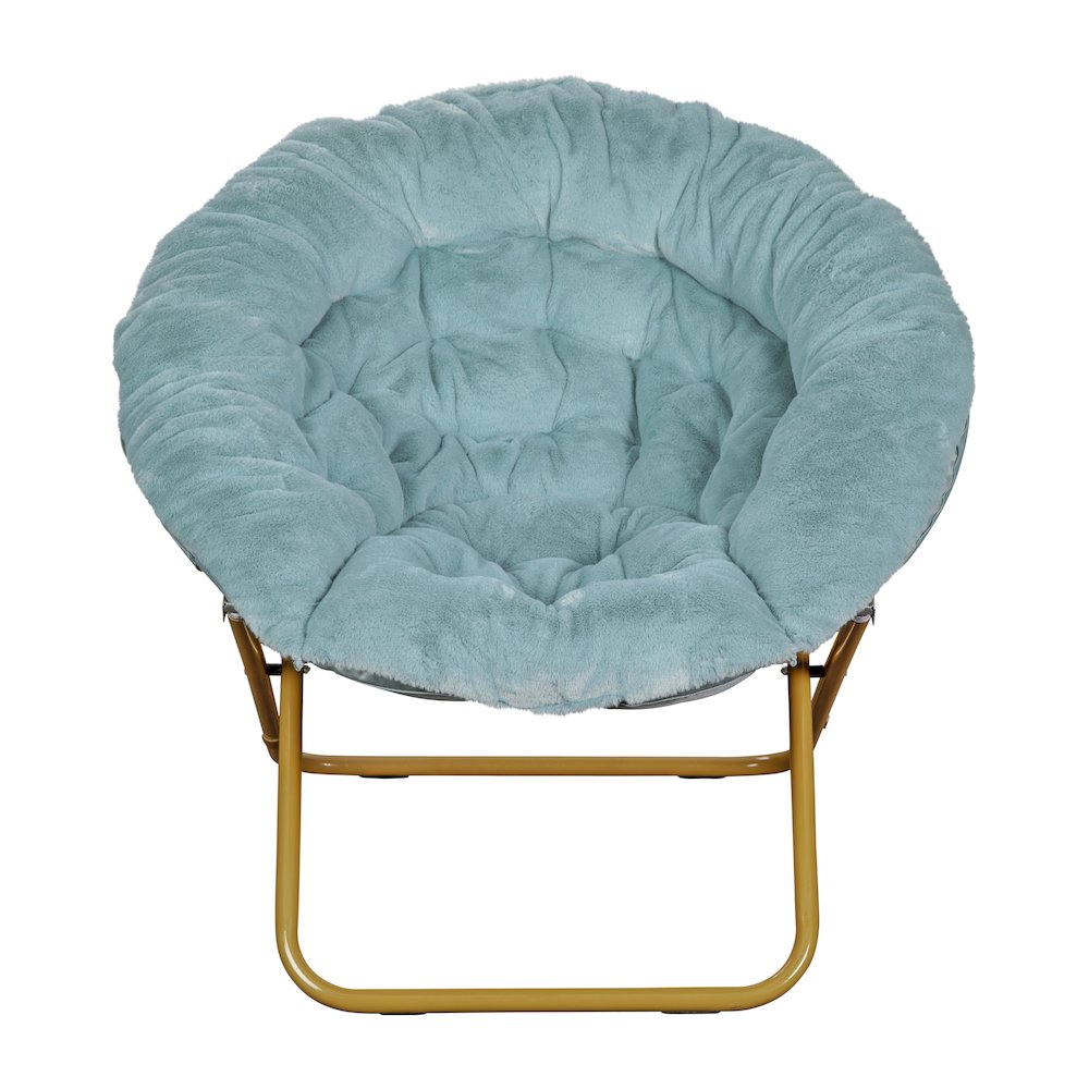 38" Portable Folding Saucer Moon Chair, Dusty Aqua Faux Fur/Soft Gold Frame. Picture 11