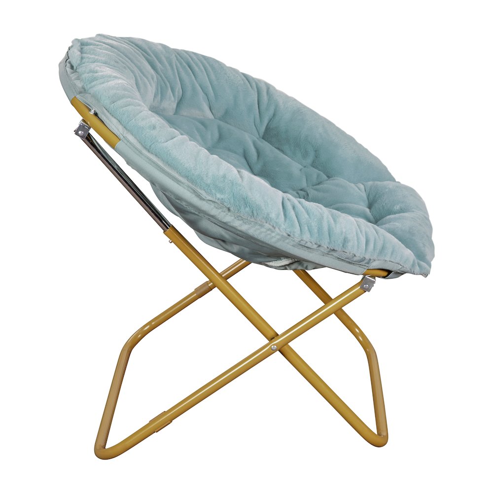 38" Portable Folding Saucer Moon Chair, Dusty Aqua Faux Fur/Soft Gold Frame. Picture 10
