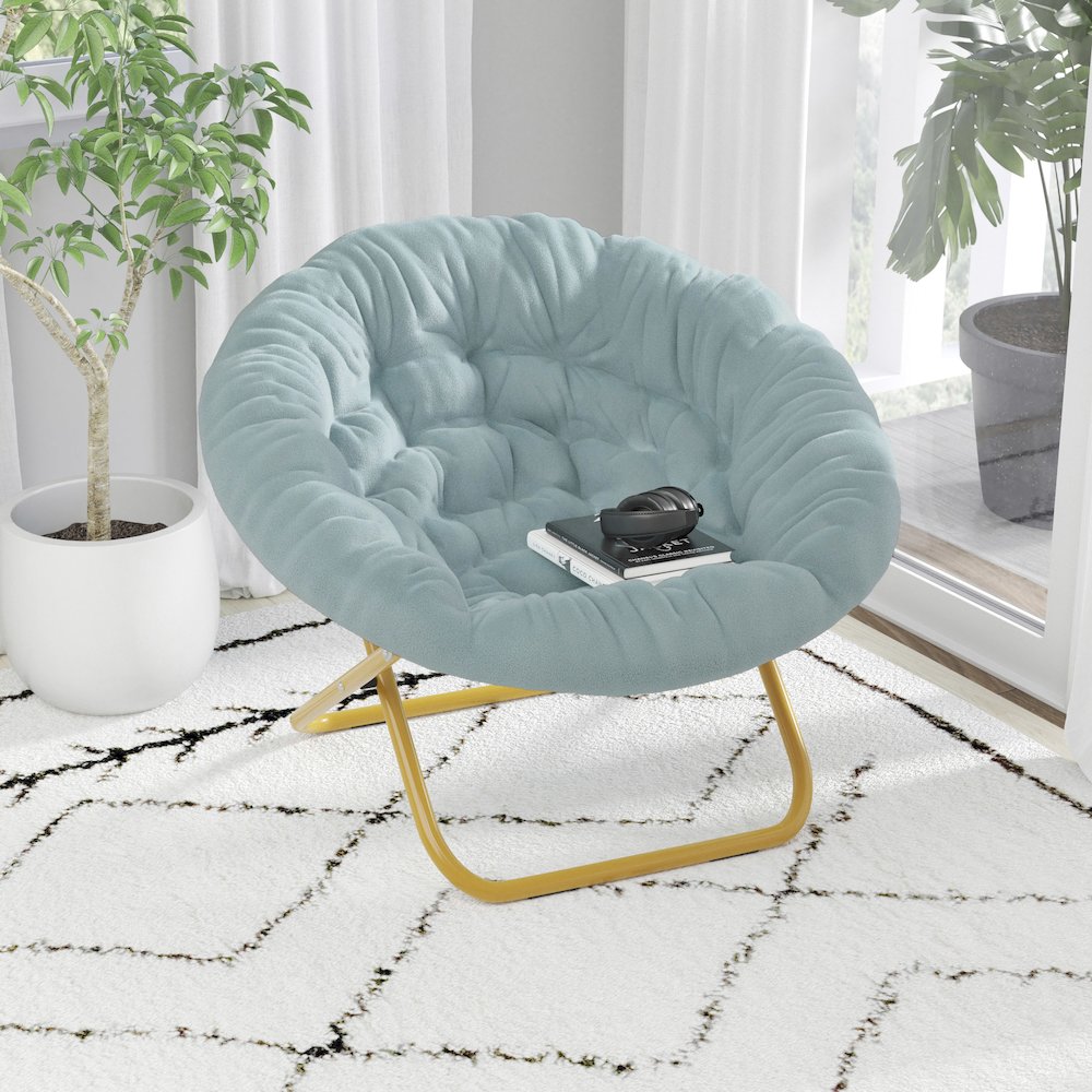 38" Portable Folding Saucer Moon Chair, Dusty Aqua Faux Fur/Soft Gold Frame. Picture 2