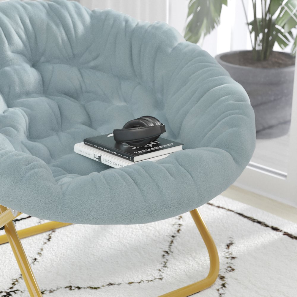38" Portable Folding Saucer Moon Chair, Dusty Aqua Faux Fur/Soft Gold Frame. Picture 6