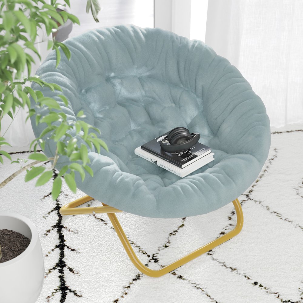 38" Portable Folding Saucer Moon Chair, Dusty Aqua Faux Fur/Soft Gold Frame. Picture 7