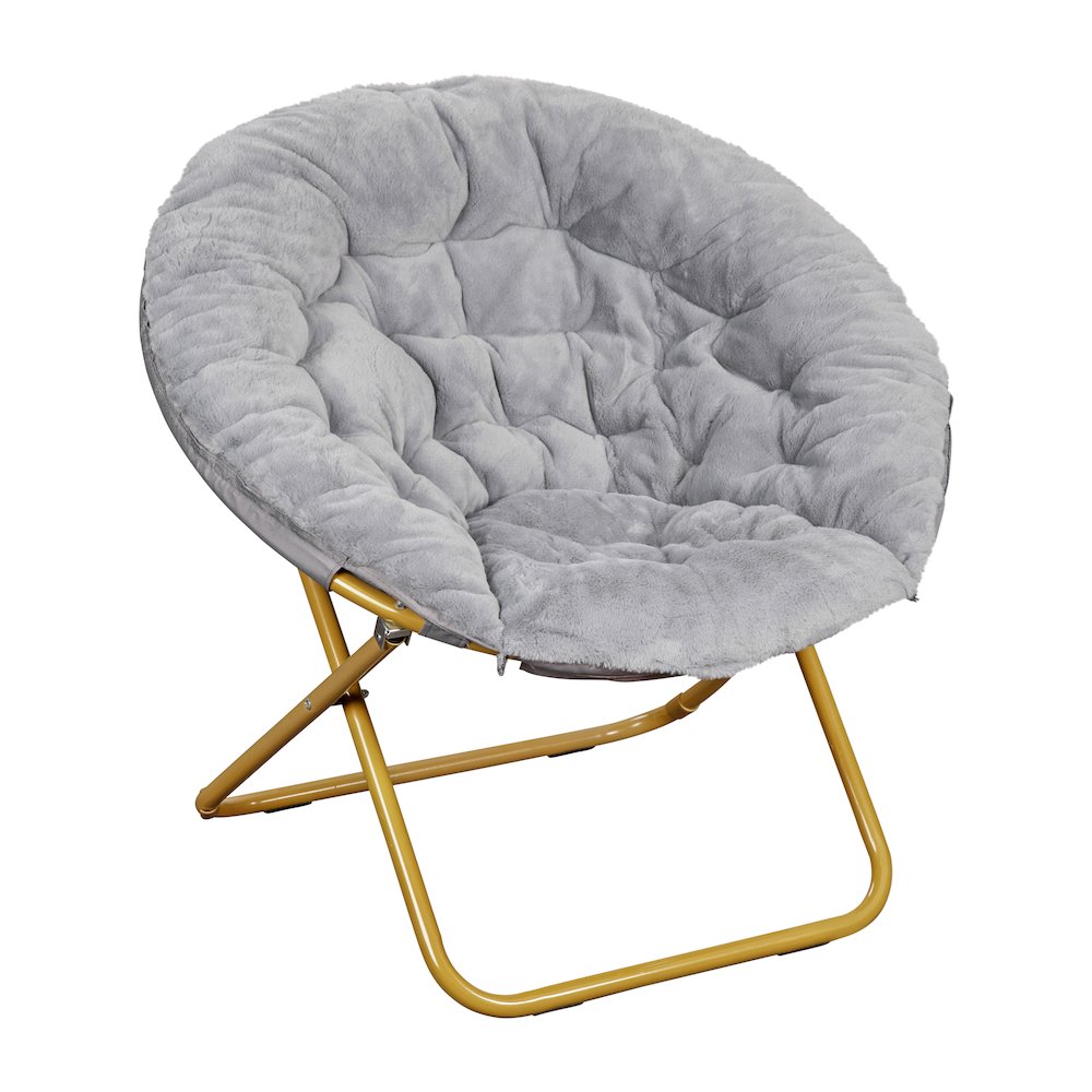 38" Portable Faux Fur Folding Saucer Moon Chair, Gray Faux Fur/Soft Gold Frame. Picture 1