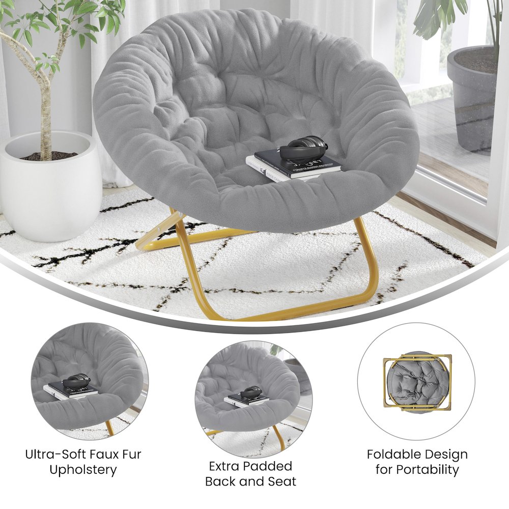 38" Portable Faux Fur Folding Saucer Moon Chair, Gray Faux Fur/Soft Gold Frame. Picture 4