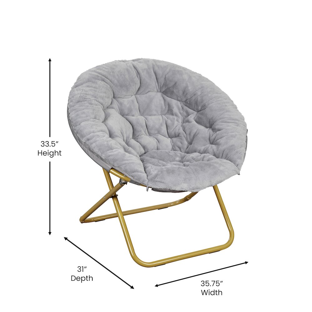 38" Portable Faux Fur Folding Saucer Moon Chair, Gray Faux Fur/Soft Gold Frame. Picture 5
