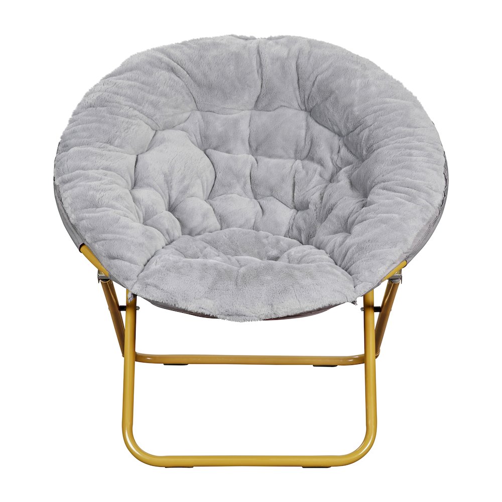 38" Portable Faux Fur Folding Saucer Moon Chair, Gray Faux Fur/Soft Gold Frame. Picture 11