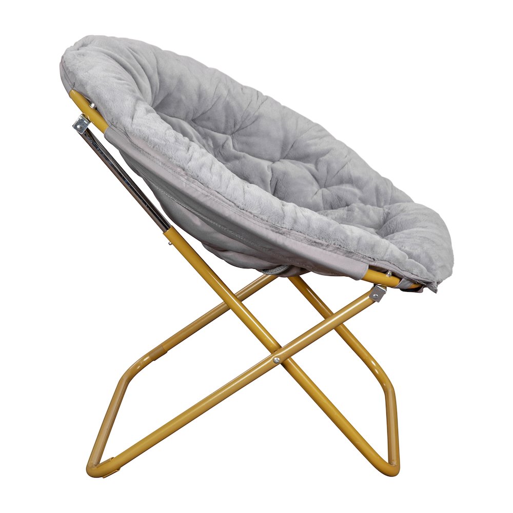 38" Portable Faux Fur Folding Saucer Moon Chair, Gray Faux Fur/Soft Gold Frame. Picture 10